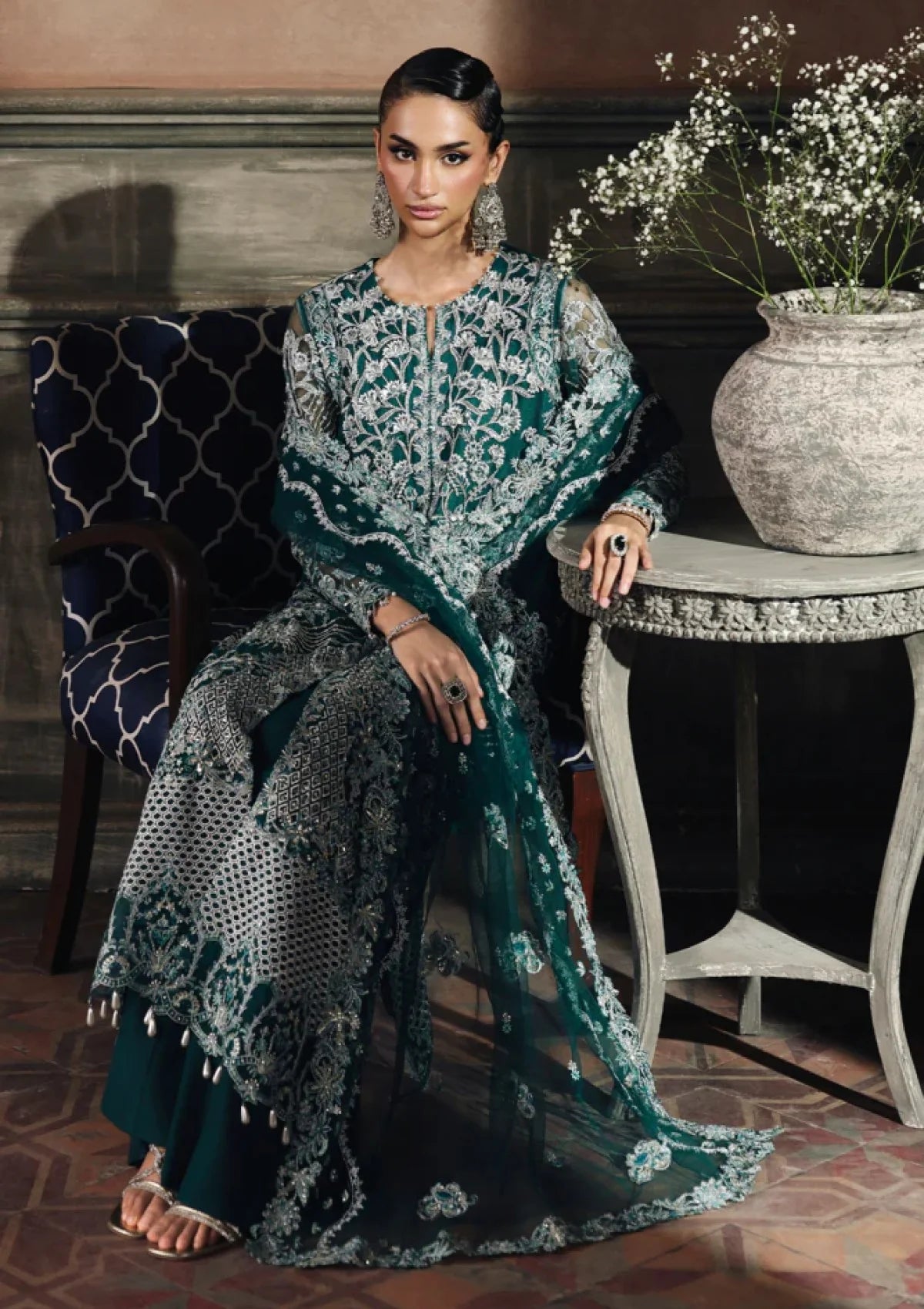 Rajbari - Sage Embroidered Hand Embellished Net - Celina