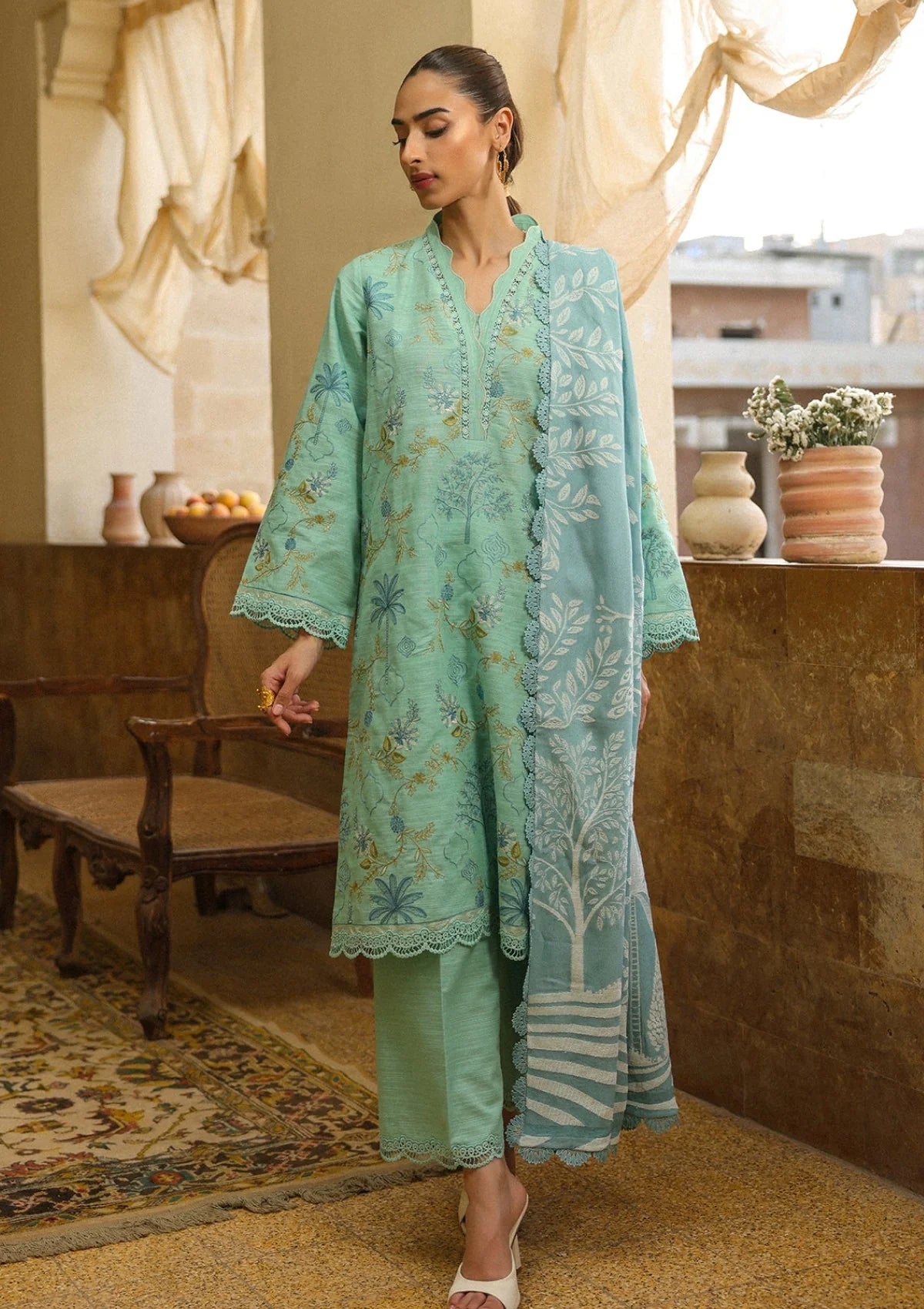 Sahar - Embroidered Khaddar AW2-25-06 - Ocean Opal