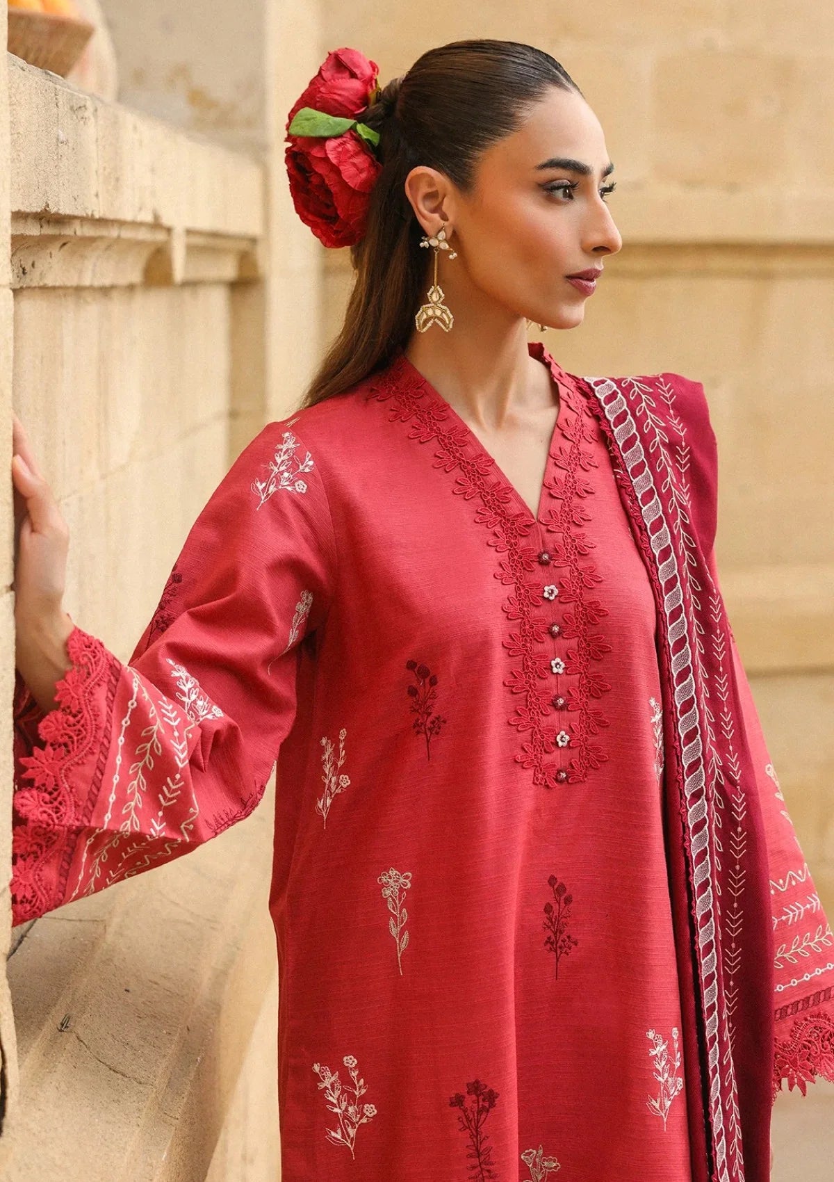 Sahar - Embroidered Khaddar AW2-25-07 - Vermilion Glow