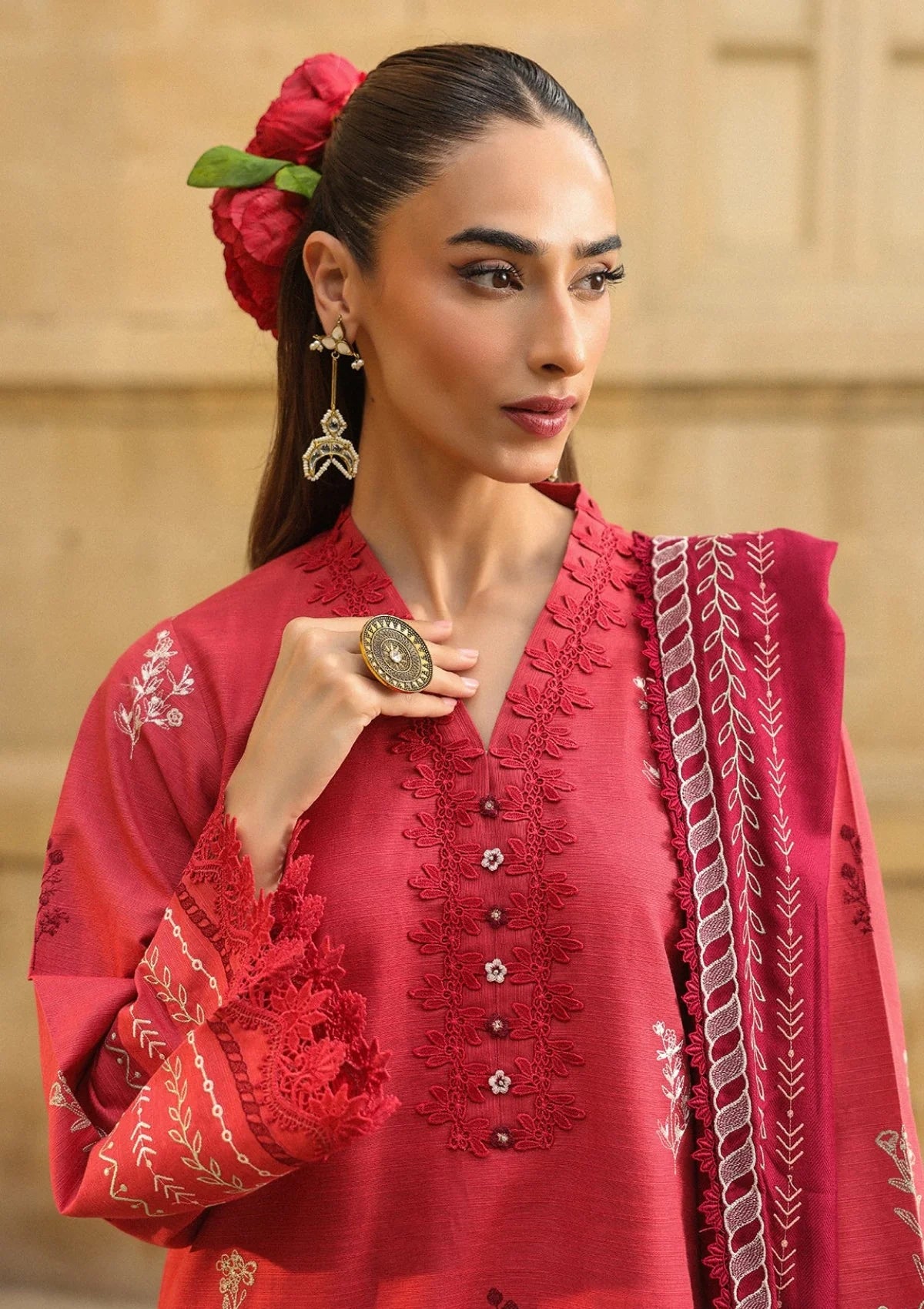 Sahar - Embroidered Khaddar AW2-25-07 - Vermilion Glow