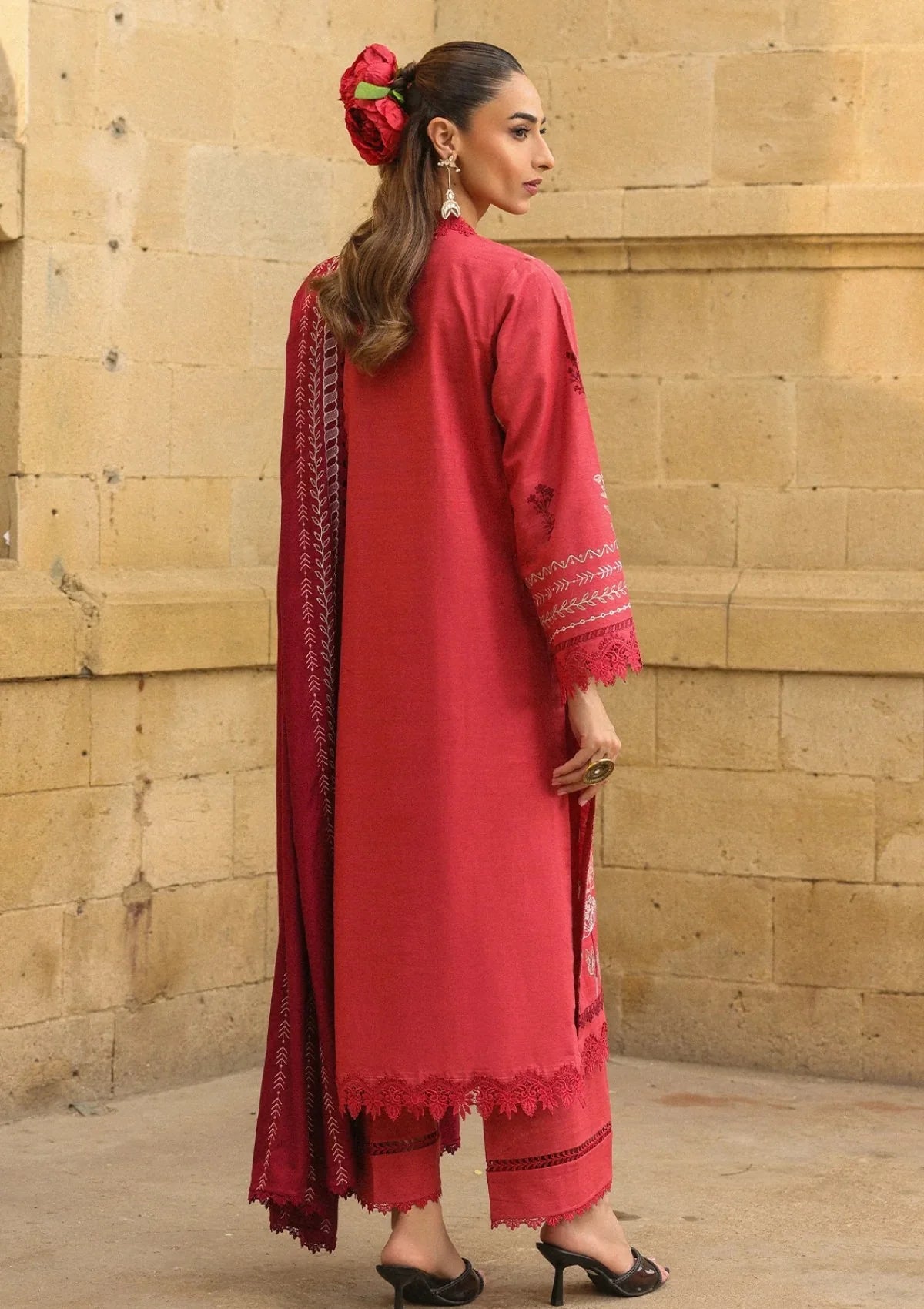 Sahar - Embroidered Khaddar AW2-25-07 - Vermilion Glow