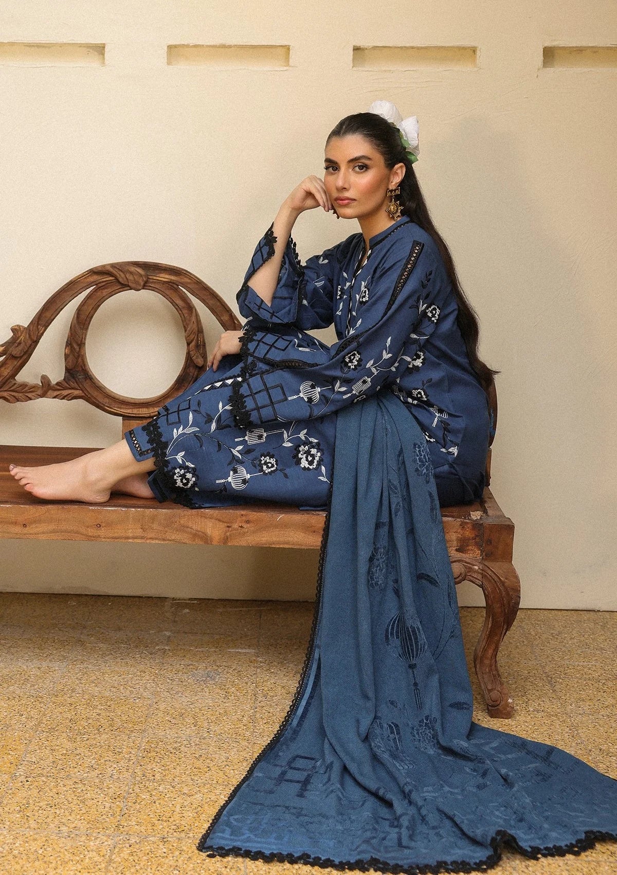 Sahar - Embroidered Khaddar AW2-25-05 - Azure Ash